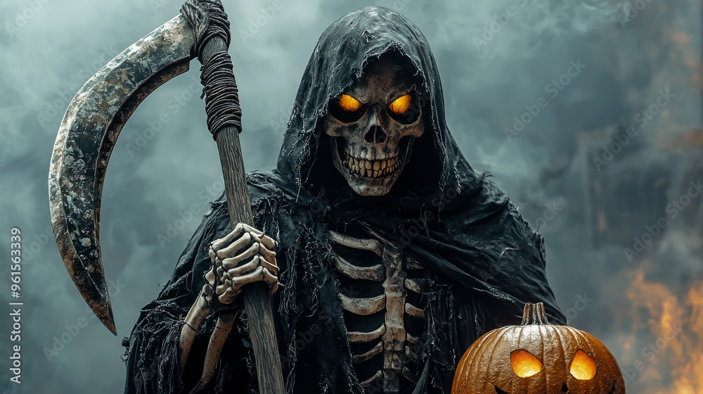 Generative ai illustration of a grim reaper holding a pumpkin and a scythe