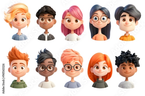 3D avatar of different young people on a white background. Set of 3D portraits ideal for diverse character representations and modern designs.