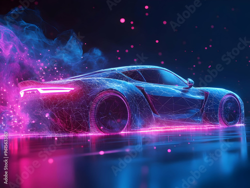 Neon Glow Sports Car Illustration: Futuristic Automotive Design in Blue and Pink