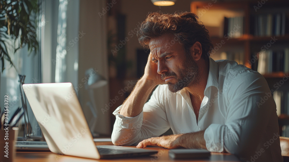 Obraz premium Generative ai illustration of a ashamed guy slaps face in front of his laptop