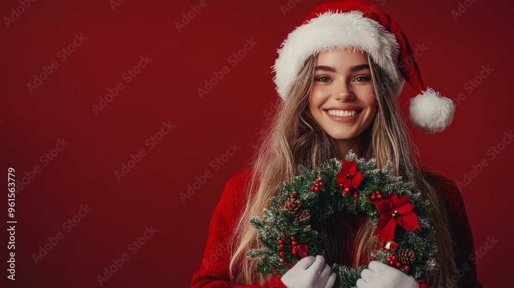 Smiling Woman in Santa Hat Holding Christmas Wreath Smiling Woman in Santa Hat Holding Christmas Wreath