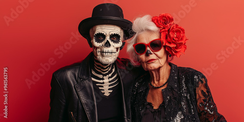 Generative ai illustration of  a aged Couple in Halloween skeleton costumes