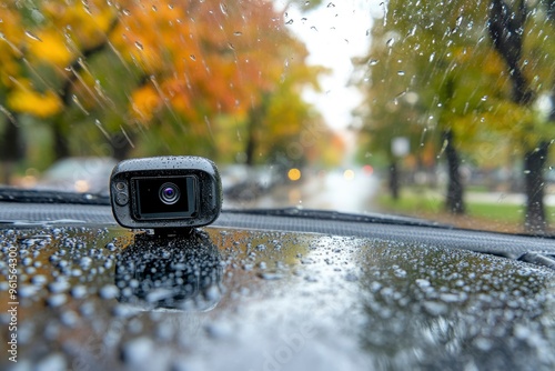 A Dashcam Mounted on a Car Windshield in the Rain photo