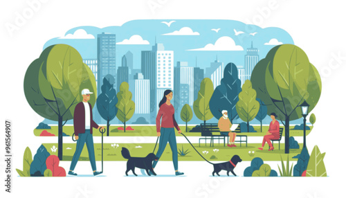 People Strolling with Dog in Urban Park, Flat Vector