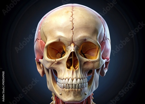 Bony structure of the skull is visible from an inferior view, with the occipital bone forming the base, and the foramen magnum clearly defined. photo