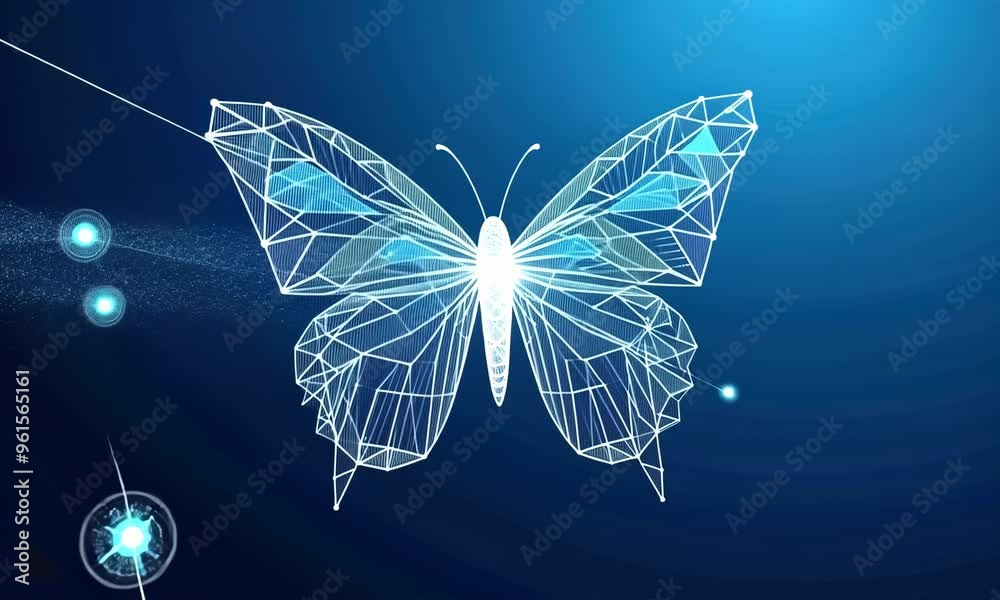 Future polygonal butterfly on a blue background. A glowing insect in a crisis or investment situation.