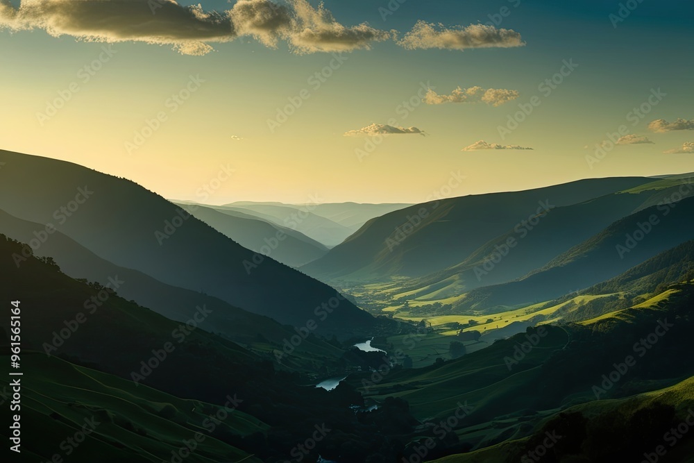 Fototapeta premium Serene Valley Silhouette with Picturesque Green Landscape Backdrop