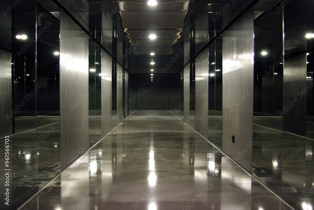 Sleek modern hallway with reflective surfaces and minimalist design AI Sleek modern hallway with reflective surfaces and minimalist design AI