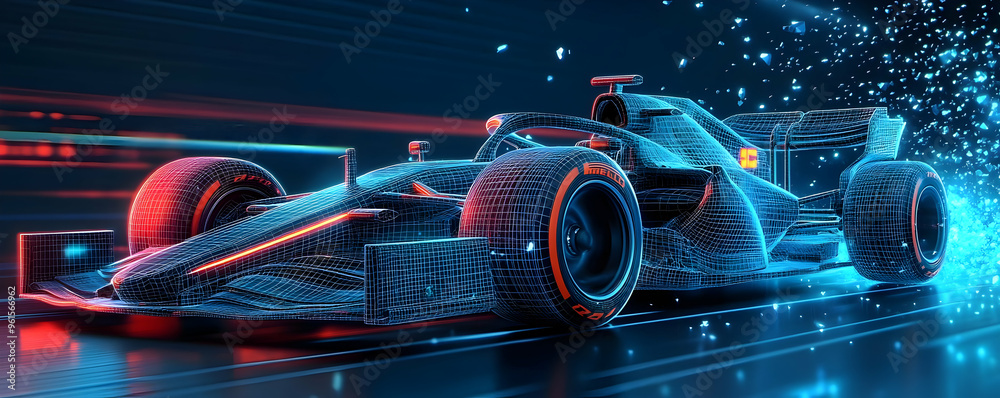 3D Illustration - Neon Speed - Glowing Wireframe Formula One Race Car