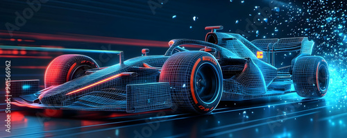 Obraz na płótnie 3D Illustration - Neon Speed - Glowing Wireframe Formula One Race Car w salonie