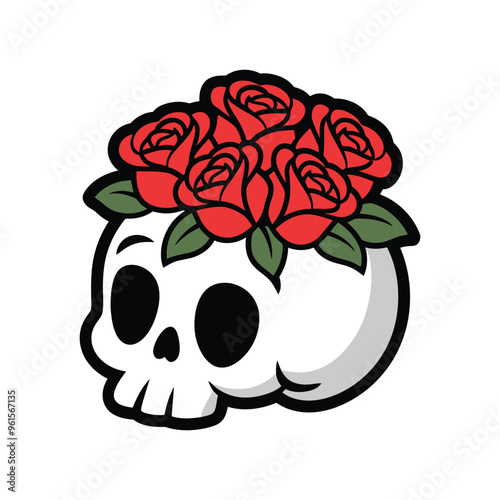 Skull with Red Roses Cartoon Illustration