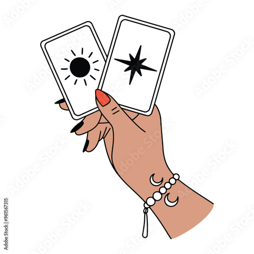 Hand holding tarot cards with sun and star symbols illustration