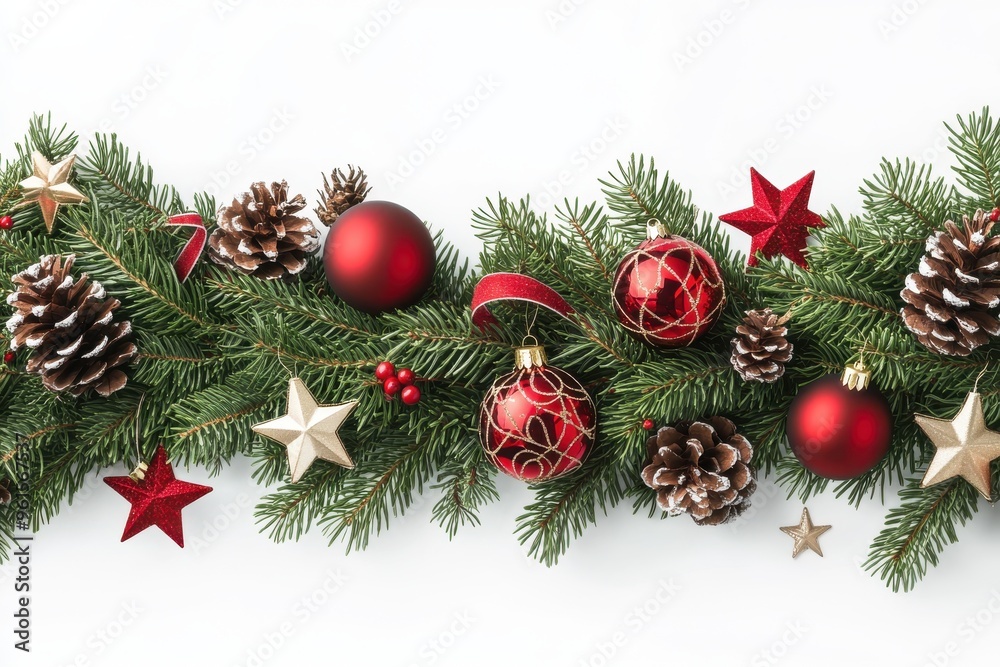 A festive Christmas garland filled with lush green pine branches, red ornaments A festive Christmas garland filled with lush green pine branches, red ornaments