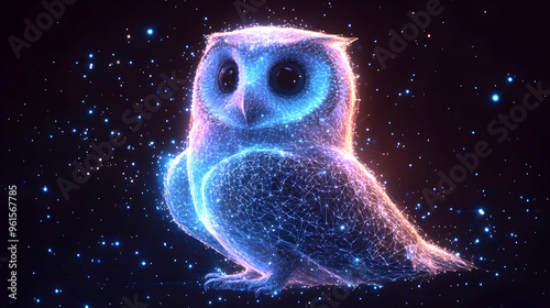 Neon Owl Illustration: Glowing Bird of Prey in a Starry Night Sky