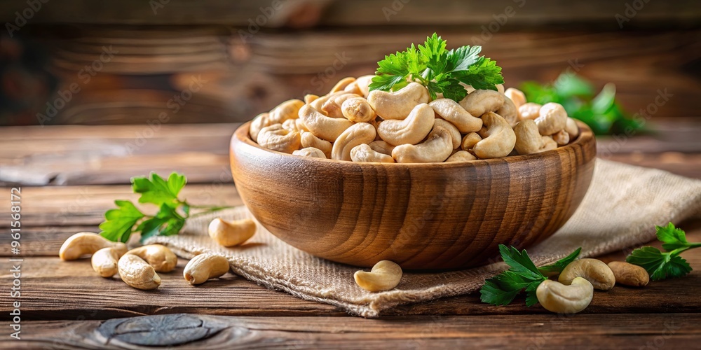 Fototapeta premium Fresh organic cashews in a wooden bowl with green herbs on a rustic table