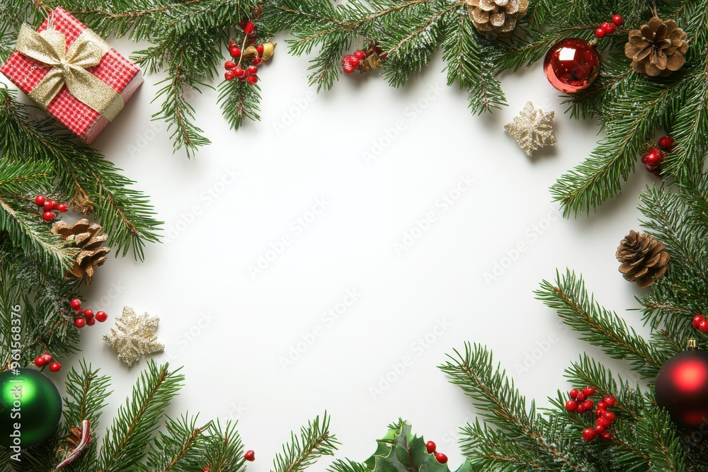 A festive garland of evergreen branches decorated with small gifts A festive garland of evergreen branches decorated with small gifts