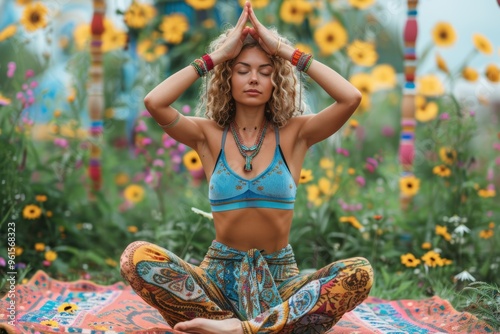 Celebrating inner tranquility during a vibrant outdoor yoga session in a flower garden