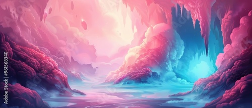  A painting of a river nestled between mountains, flanked by pink and blue ice formations