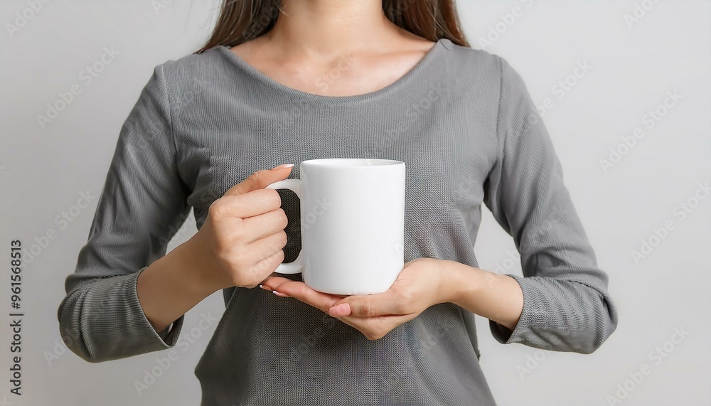 A woman holds a blank white mug, perfect for branding or product design concepts in a clean, modern setting. A woman holds a blank white mug, perfect for branding or product design concepts in a clean, modern setting.