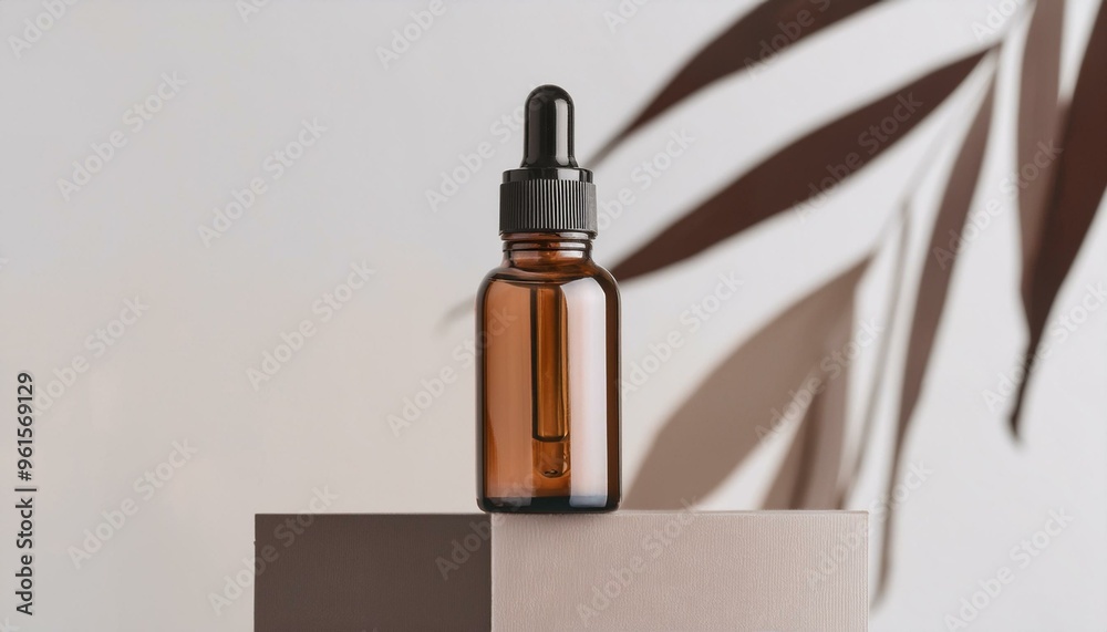 A stylish amber glass dropper bottle on a minimalistic background, perfect for showcasing essential oils and beauty products. A stylish amber glass dropper bottle on a minimalistic background, perfect for showcasing essential oils and beauty products.