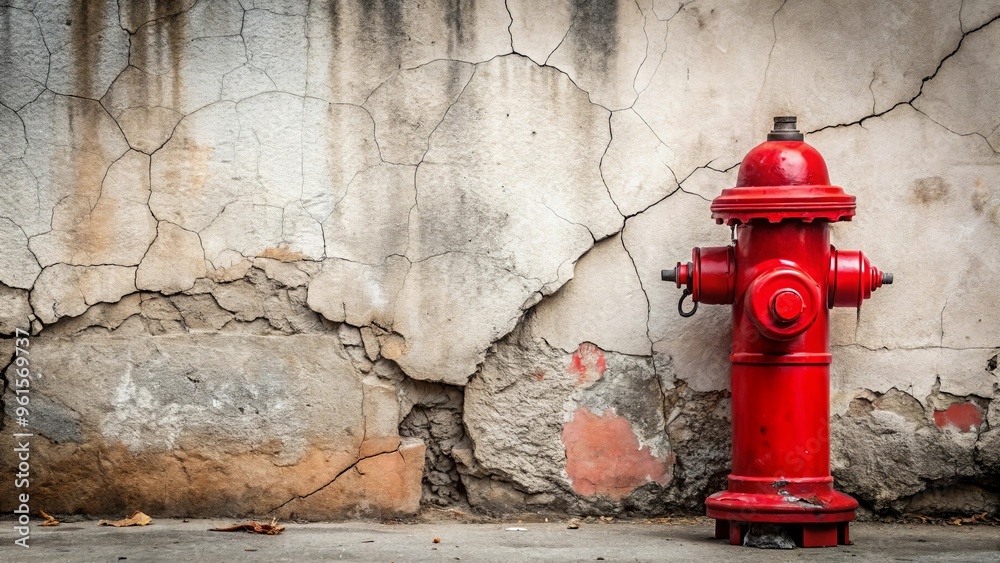 A red fire hydrant stands next to a cracked wall A red fire hydrant stands next to a cracked wall