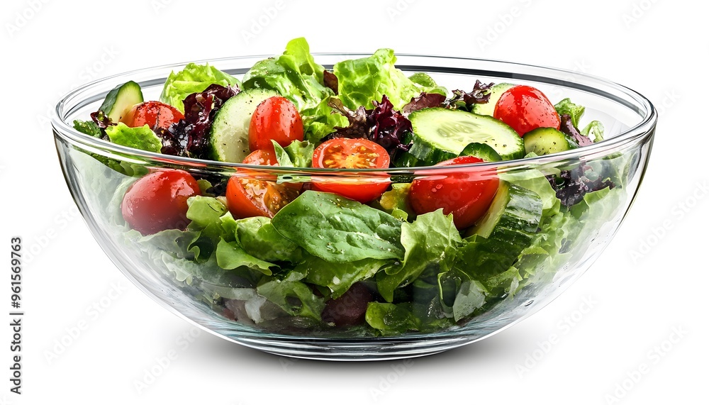 Fresh Salad with Tomatoes, Cucumbers, and Lettuce in a Glass Bowl - Realistic Food Photography Fresh Salad with Tomatoes, Cucumbers, and Lettuce in a Glass Bowl - Realistic Food Photography