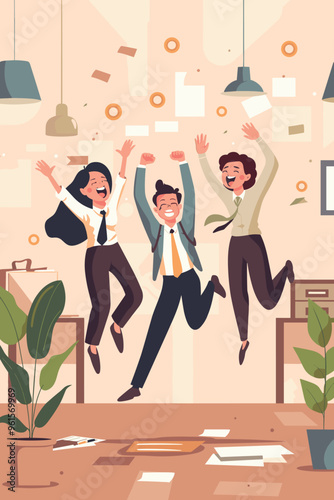 Joyful Office Workers Jumping with Winner Medal, Celebrating Team Success at Award Ceremony