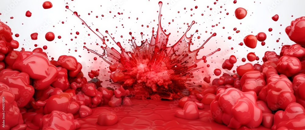 A collection of red balls hovering above a white backdrop, surrounded by a red substance in the center A collection of red balls hovering above a white backdrop, surrounded by a red substance in the center