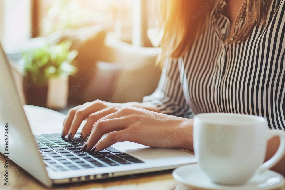 As a freelancer, the woman uses a laptop to work from home. As a freelancer, the woman uses a laptop to work from home.