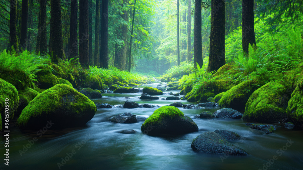 Fototapeta premium A serene forest stream flowing over moss-covered rocks, surrounded by lush ferns and tall trees, creating a peaceful and vibrant natural landscape deep within the woods.