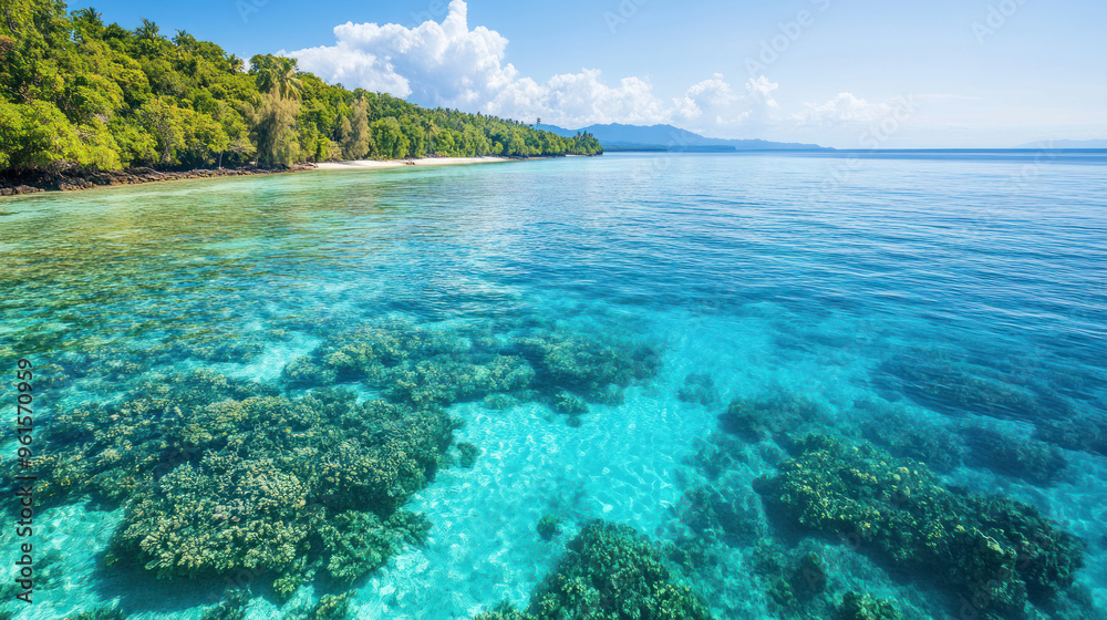 Fototapeta premium A stunning split-view of a tropical island with crystal-clear turquoise waters revealing coral reefs beneath, bordered by lush green forests under a vibrant blue sky.
