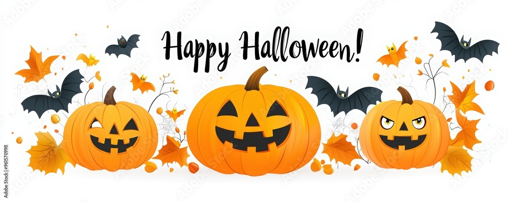 Happy Halloween banner with pumpkins and bats on a white background. cute monster pumpkin character with smiling cartoon eyes Happy Halloween banner with pumpkins and bats on a white background. cute monster pumpkin character with smiling cartoon eyes