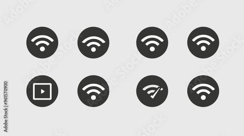 Monochromatic Wi-Fi Icons Indicating No Internet Connection, Bad Signal, and Network Problems