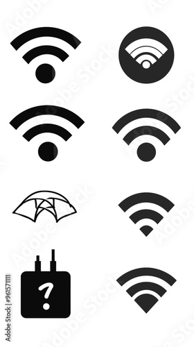 Monochromatic Wi-Fi Icons Indicating No Internet Connection, Bad Signal, and Network Problems