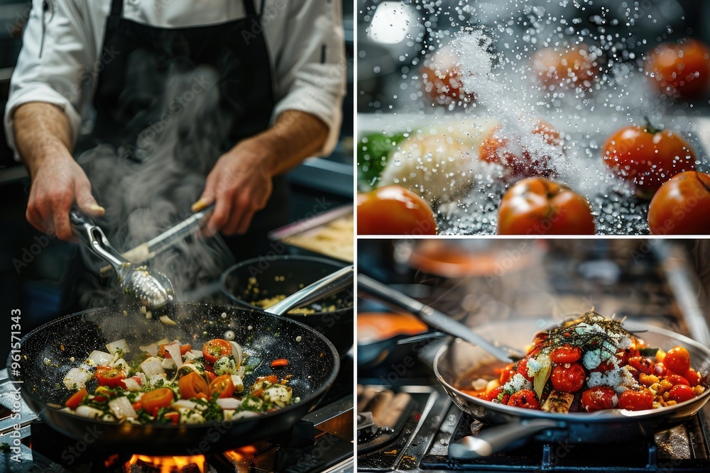 Chef Cooking Vegetables in Pan with Ingredients and Spices Floating in Air - Culinary Art and Food Preparation Chef Cooking Vegetables in Pan with Ingredients and Spices Floating in Air - Culinary Art and Food Preparation