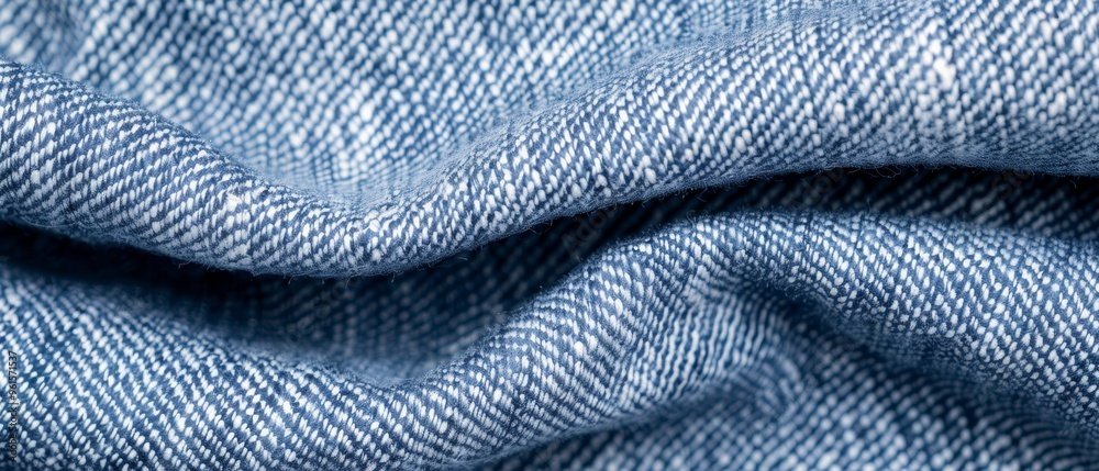  A tight shot of blue denim fabric, displaying minute stitching along its edge
