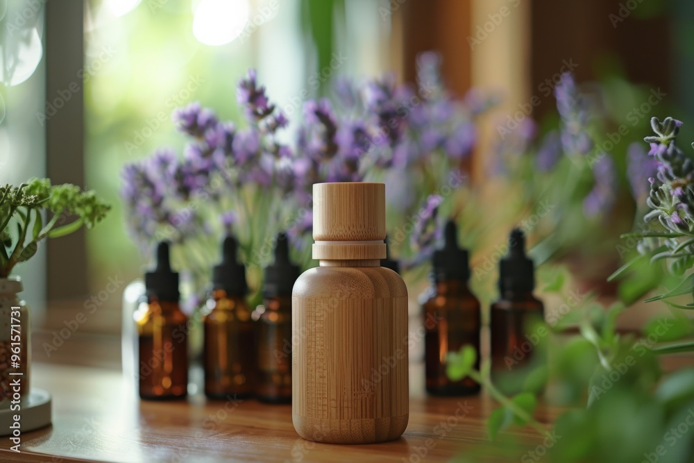 Aromatic tranquility with essential oils and fresh herbs in a serene space