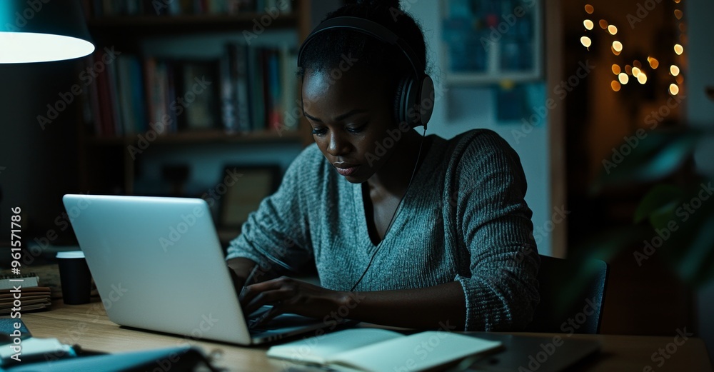 Women with laptops, headphones, music and music research to write freelance articles at home. Planning, reading, and audiobook listening while writing social media content. Women with laptops, headphones, music and music research to write freelance articles at home. Planning, reading, and audiobook listening while writing social media content.