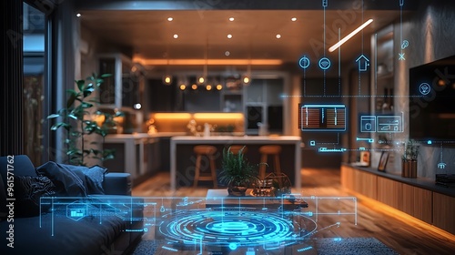 A futuristic smart home interface displayed in a modern interior, showcasing advanced automation technology.