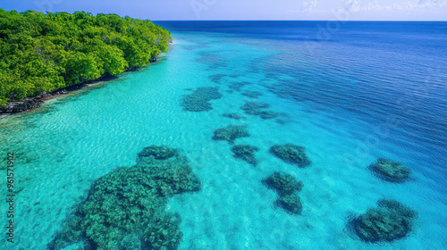A vivid split-shot of a tropical haven where clear turquoise waters reveal the beauty of coral reefs, framed by thick, green forests