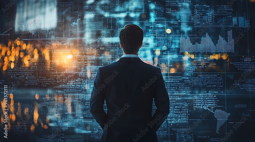A businessman analyzes data on a digital screen, deeply focused on making informed decisions. A businessman analyzes data on a digital screen, deeply focused on making informed decisions.