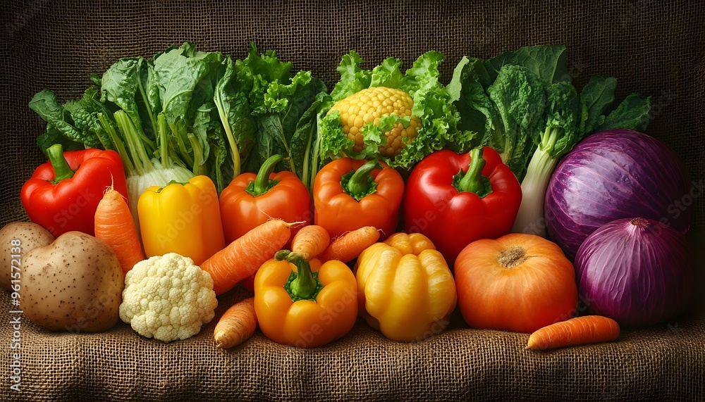 Colorful Still Life of Vegetables on Burlap Background - Realistic Image Colorful Still Life of Vegetables on Burlap Background - Realistic Image