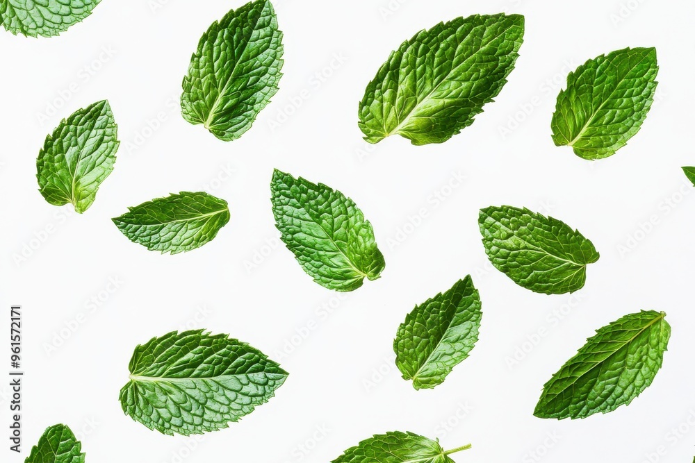A fresh and vibrant image of multiple mint leaves in various sizes and orientations A fresh and vibrant image of multiple mint leaves in various sizes and orientations