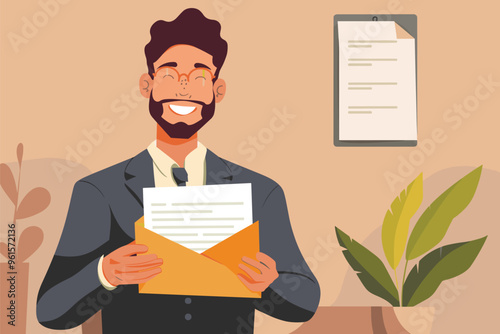 Happy Businessman Receiving Recommendation Letter in Mail Envelope for New Job Application