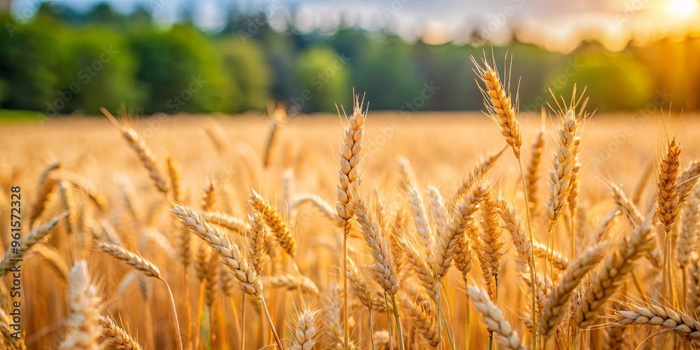 Fototapeta premium Close-up shot of wheat field with blurred trees in background and grass in foreground