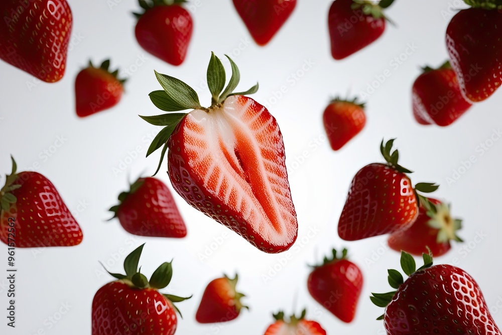 Fresh Strawberry Slice Floating in Bright White Background with Detailed Depth of Field Fresh Strawberry Slice Floating in Bright White Background with Detailed Depth of Field