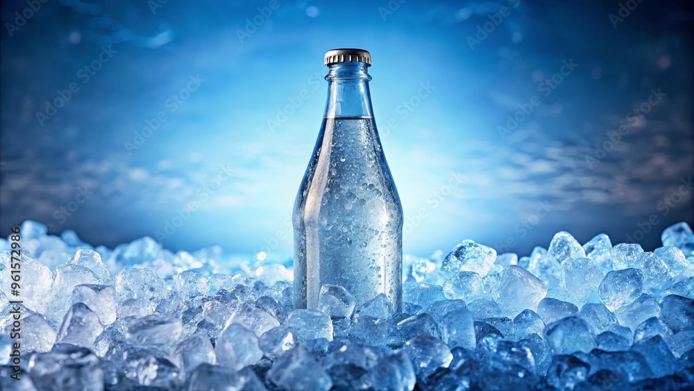 Clear glass bottle surrounded by crushed ice creating a refreshing and cooling effect with blue tones Clear glass bottle surrounded by crushed ice creating a refreshing and cooling effect with blue tones