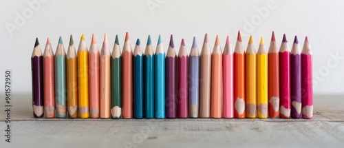  A row of colored pencils aligns on a weathered wooden table against a pristine white wall backdrop