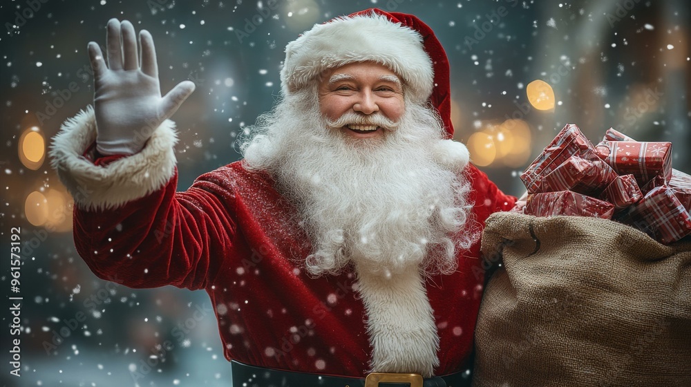 Santa Claus Waving With a Bag of Presents in the Snow Santa Claus Waving With a Bag of Presents in the Snow