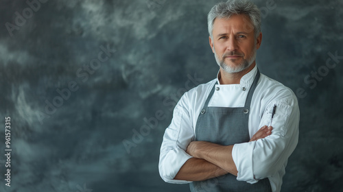 Professional male chef with beard and crossed arms posing for a photo at the gray background